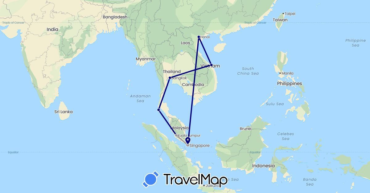 TravelMap itinerary: driving, plane in Malaysia, Singapore, Thailand, Vietnam (Asia)